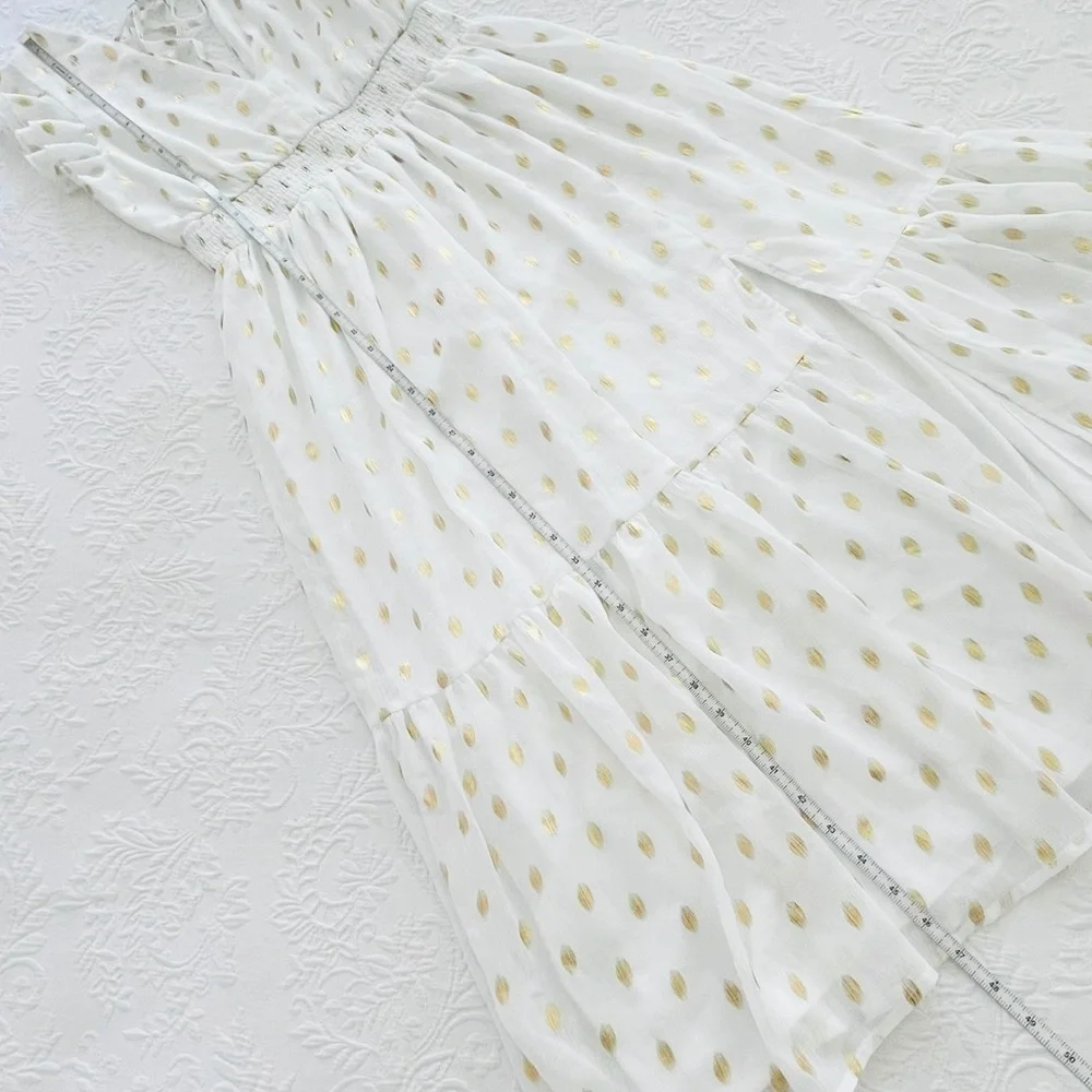 NWOT Lulus Cause to Celebrate White and Gold Dot Ruffled Tiered Midi Dress - Picture 11 of 11